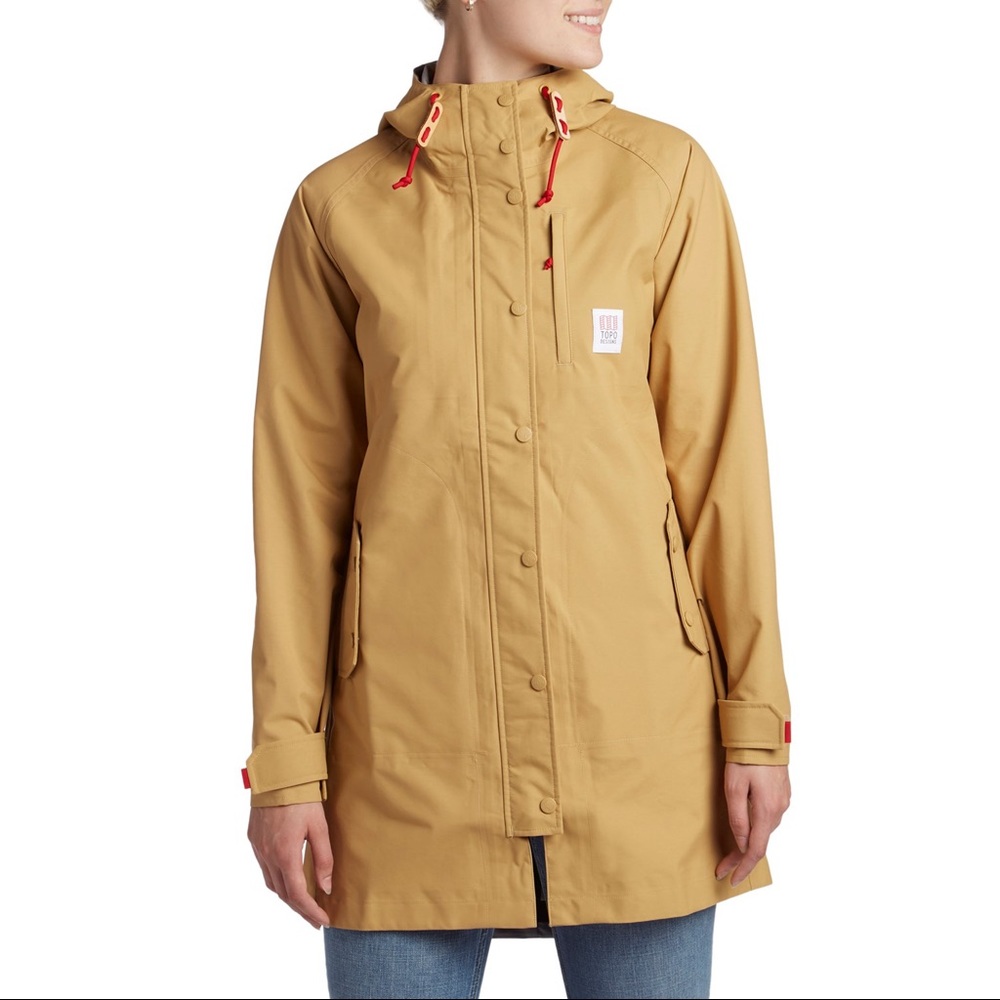 Mustard yellow rain jacket.